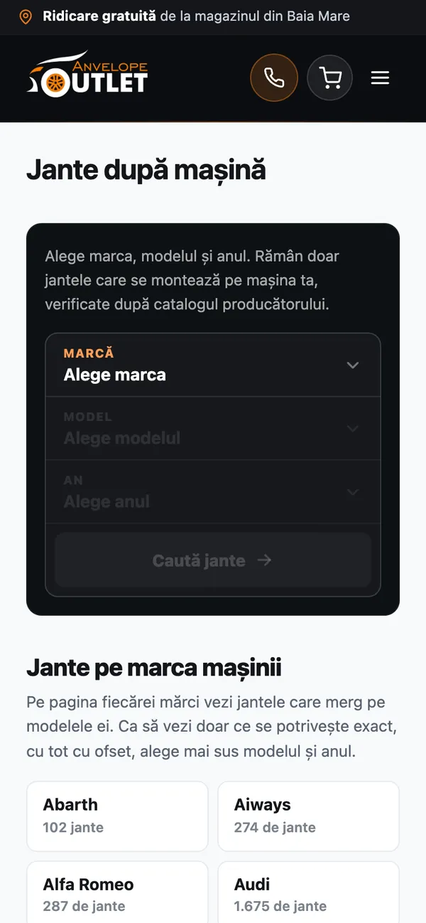 Căutarea de jante după mașină pe telefon: marca, modelul și anul