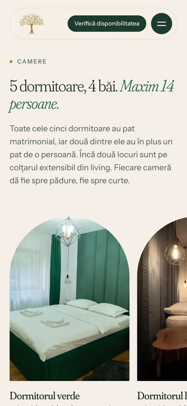 Secțiunea Camere: cinci dormitoare, patru băi și maximum 14 persoane, cu poza fiecărui dormitor
