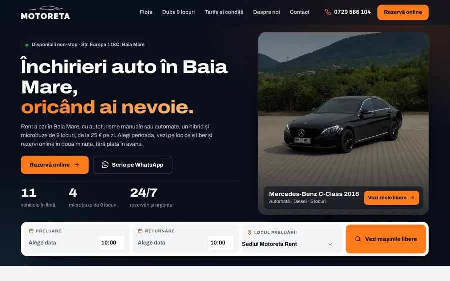 Pagina de start motoretarent.ro, site cu rezervări realizat de Nordweb