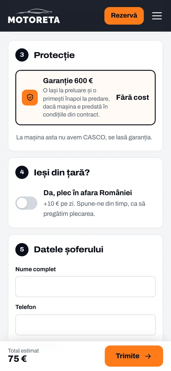 Pasul cu protecția, ieșirea din țară și totalul estimat, înainte de trimitere