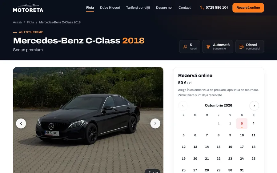 Pagina unei mașini pe motoretarent.ro, cu prețul pe zi și calendarul zilelor libere și ocupate