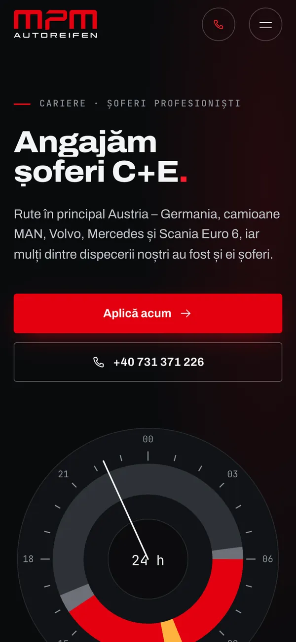 Pagina Cariere de pe autoreifenmpm.ro pe telefon: Angajăm șoferi C+E, butonul Aplică acum și tahograful pe 24 de ore