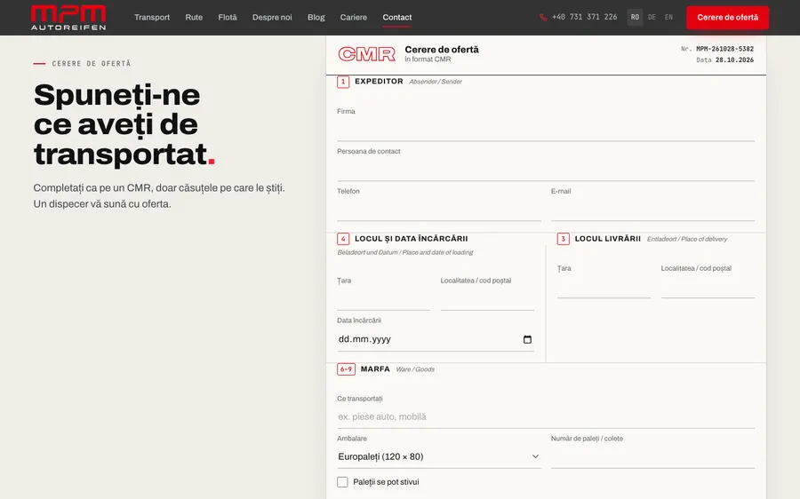 Cererea de ofertă de pe autoreifenmpm.ro, în format CMR, cu expeditorul, locul încărcării, locul livrării și marfa