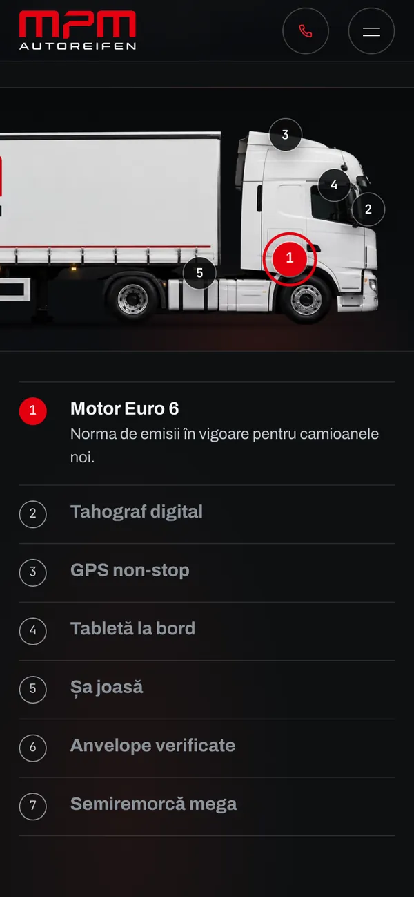 Pagina Flotă pe telefon: un camion cu numere pe el și lista Motor Euro 6, tahograf digital, GPS non-stop, șa joasă, semiremorcă mega